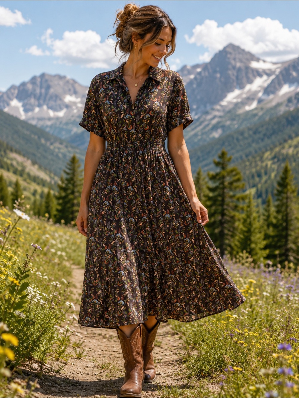 Olivia by Livro Cottagecore Botanical Print Smocked Midi Dress XS NWT